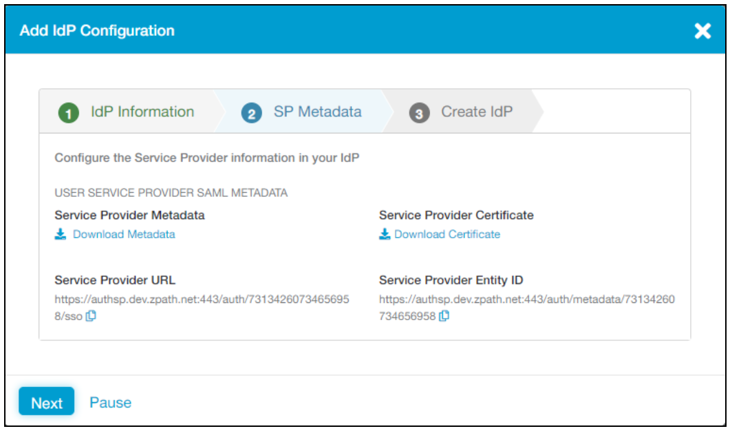 Screenshot of the Service Provider Entity ID option on the SP Metadata tab.