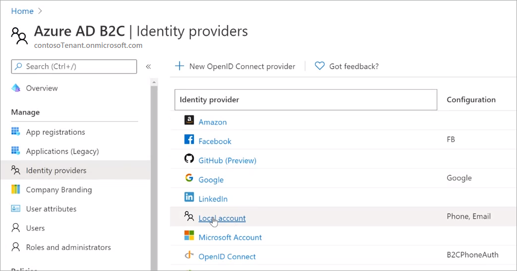 Identity providers select Local account