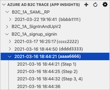 Screenshot of Azure AD B2C extension for vscode, presenting the Azure Application insights trace.