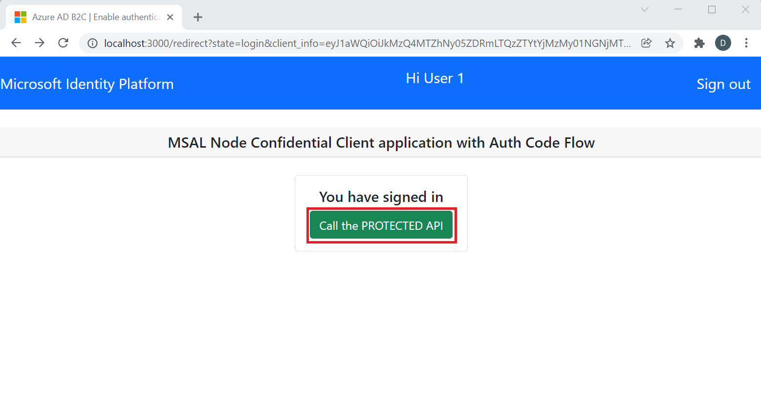 Web page for signed to call protected A P I.