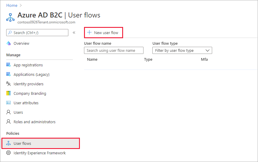 Screenshot of the User flows page from the Azure portal with New user flow button highlighted.
