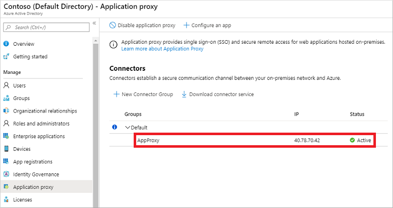 The new Azure AD Application Proxy connector shown as active in the Azure portal