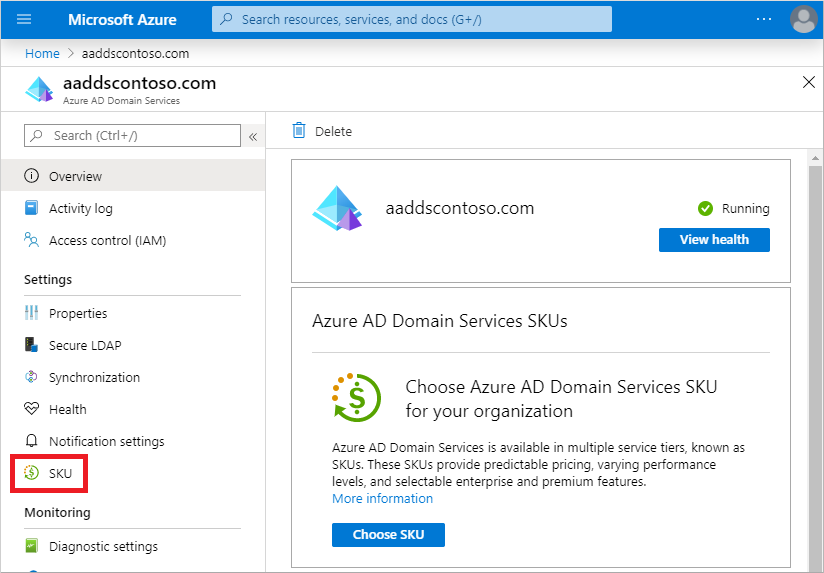 Select the SKU menu option for your Azure AD DS managed domain in the Azure portal