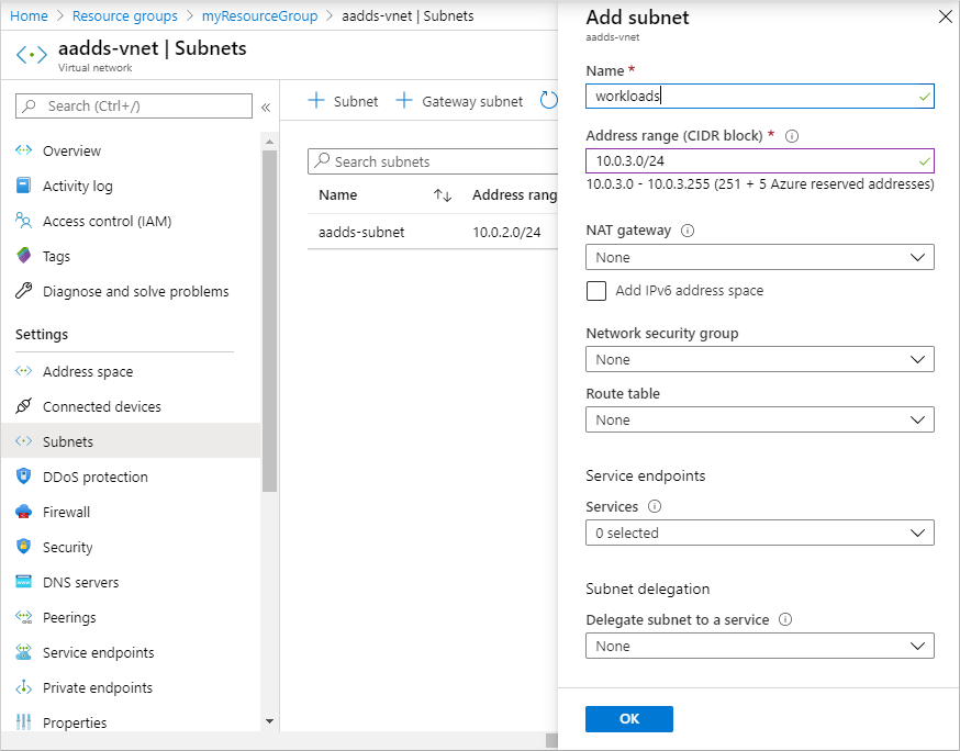 Add an additional virtual network subnet in the Azure portal
