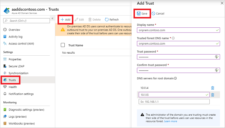Create outbound forest trust in the Azure portal