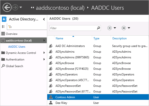 View the list of Azure AD DS domain users in the Active Directory Administrative Center