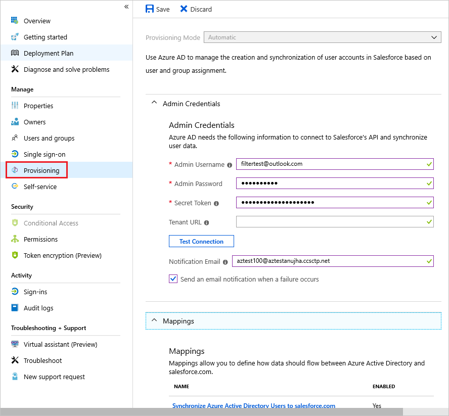 Provisioning screen to manage user account provisioning settings