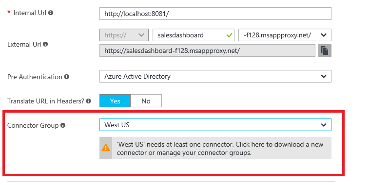 Connector group selection in Azure portal