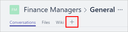 Select + to add a tab in Teams