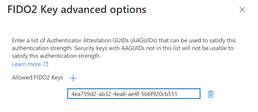 Screenshot showing how to add an Authenticator Attestation GUID.