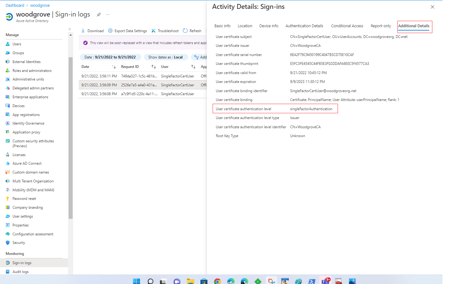 Screenshot of multifactor additional details in the sign-in logs.