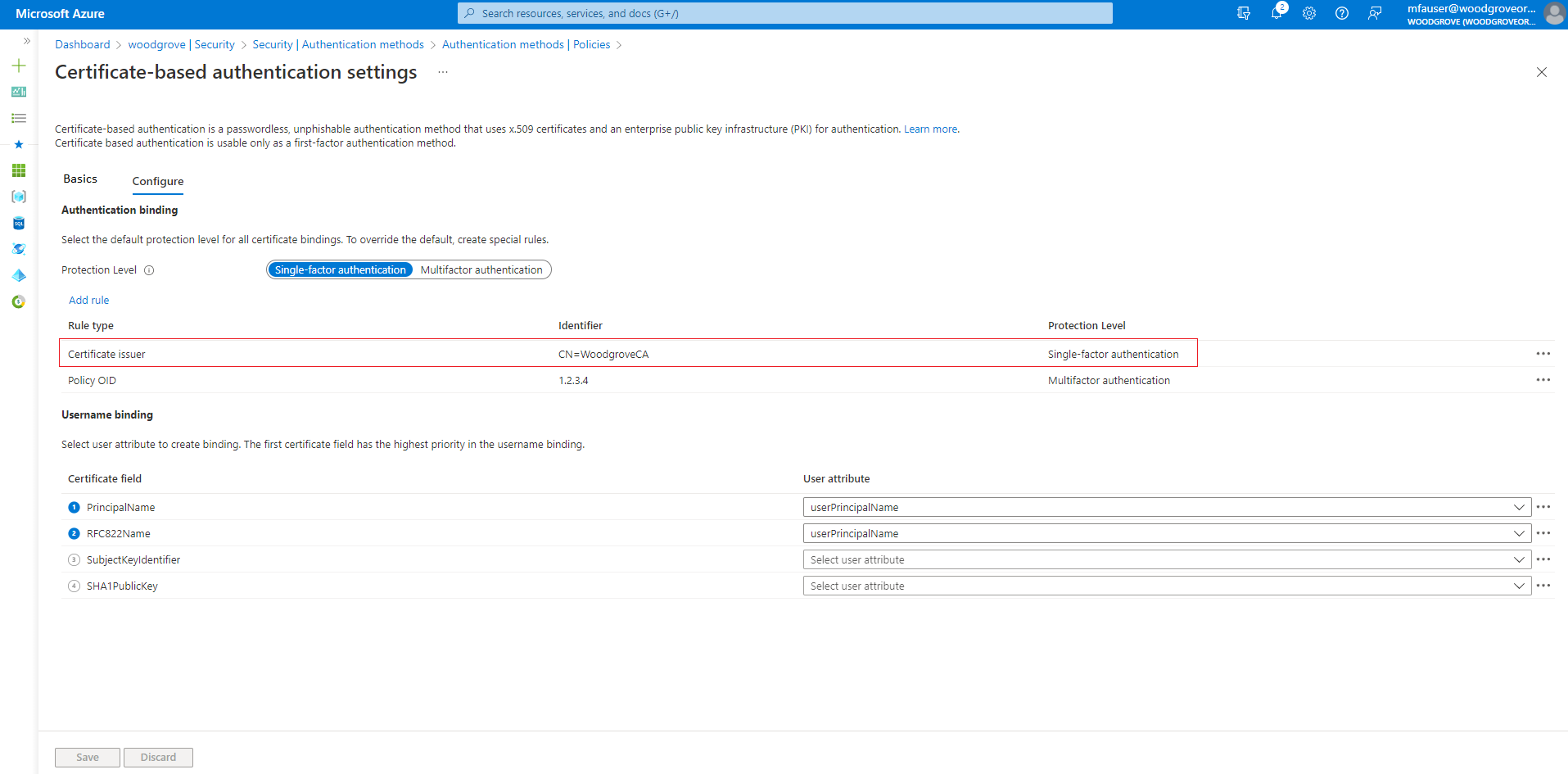 Screenshot of the Authentication policy configuration showing single-factor authentication required.