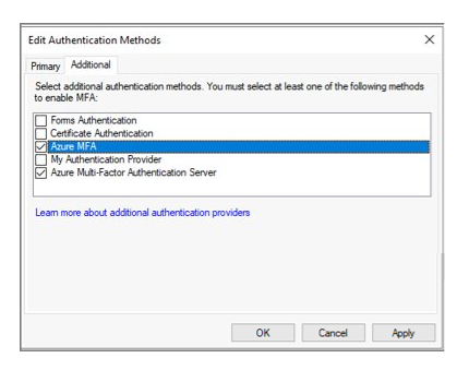Screen shot showing the Edit authentication methods screen with Azure AD MFA and Azure Mutli-factor authentication Server selected