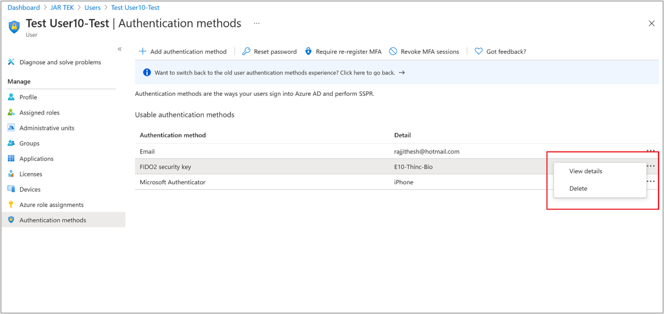 Screenshot of View Authentication Method details.