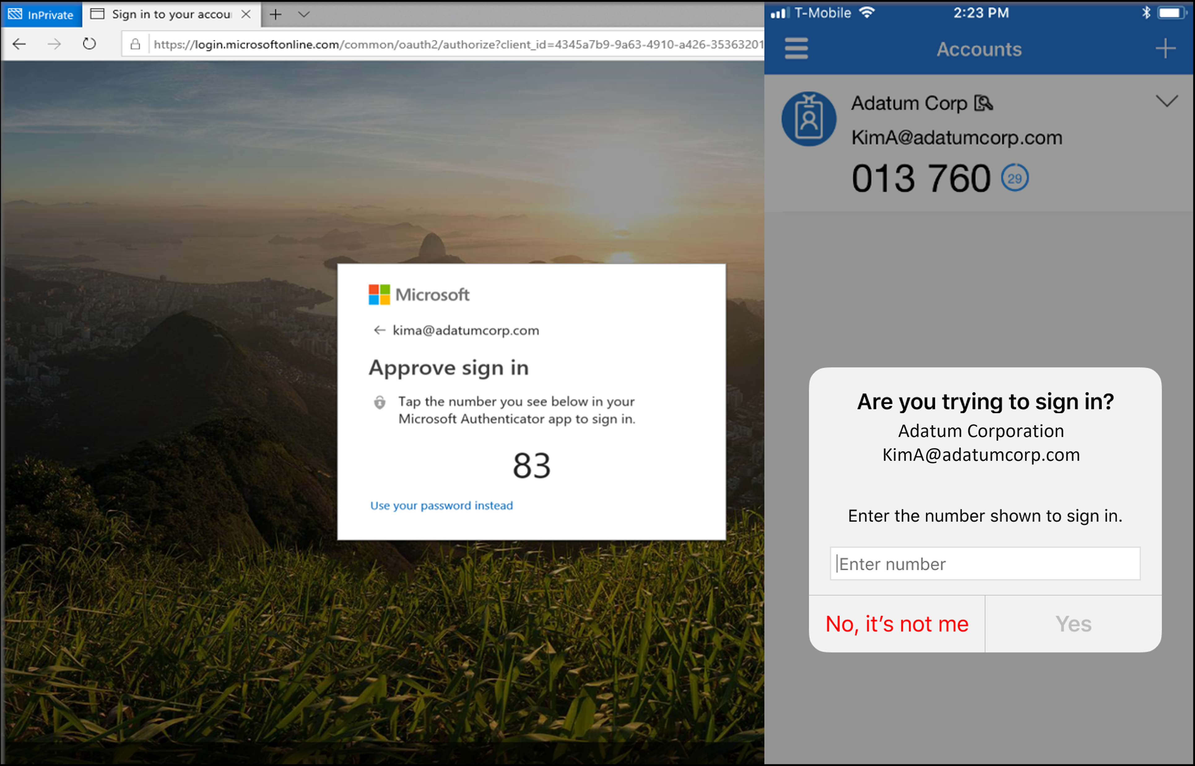 A visual depiction of the Microsoft Authenticator number matching user experience