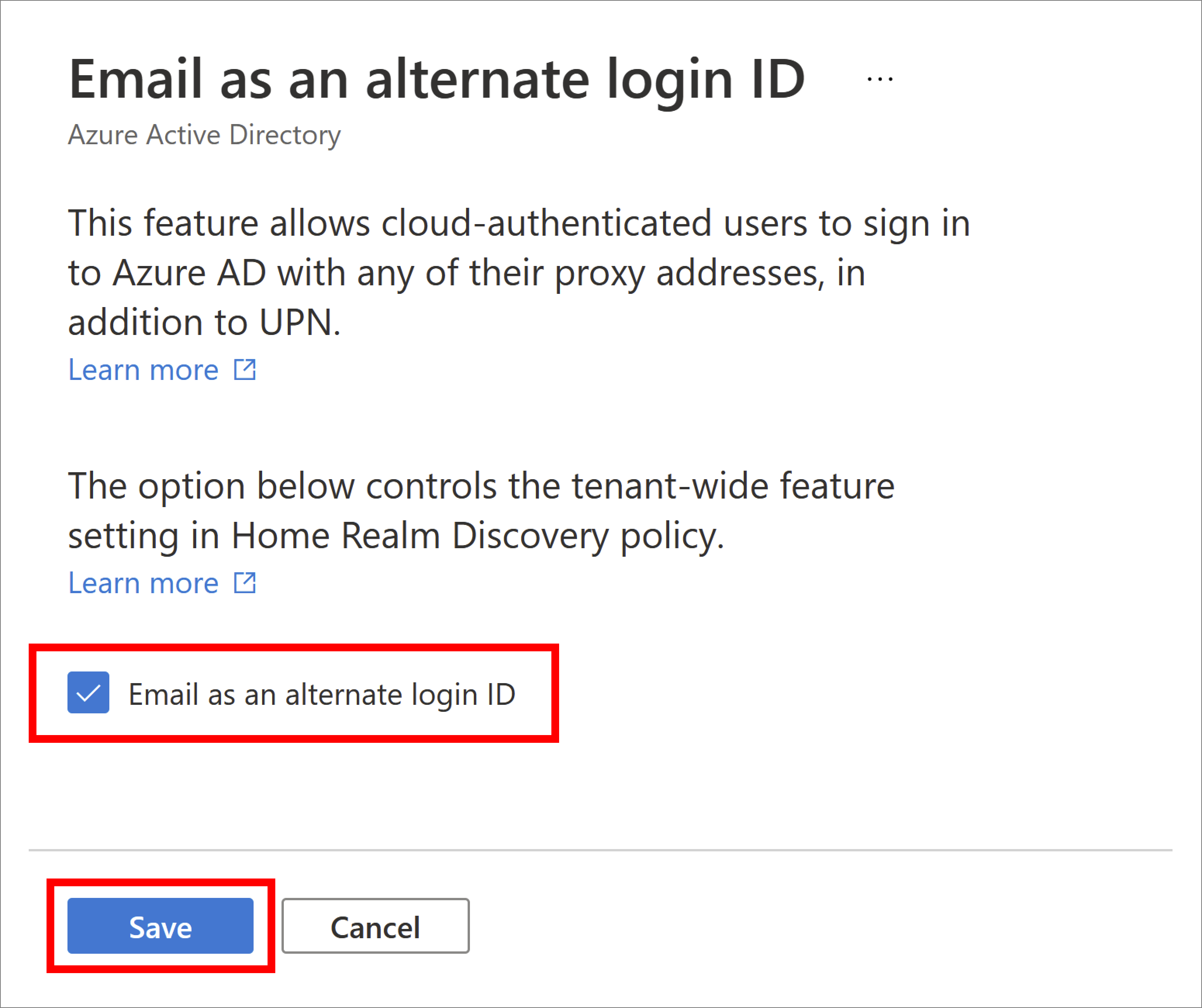 Screenshot of email as alternate login ID blade in the Azure portal.