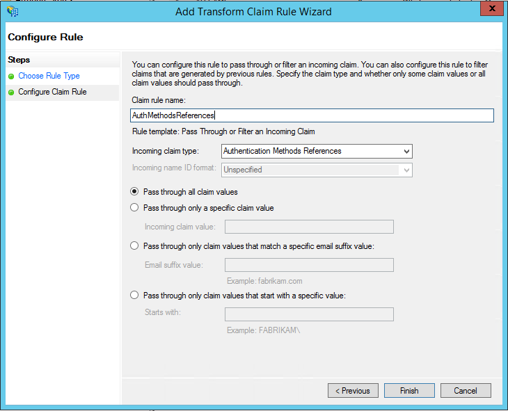 Screenshot shows Add Transform Claim Rule Wizard where you select Pass through all claim values.