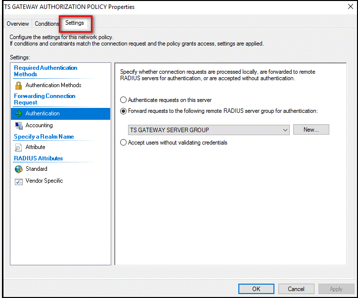 Configure Authentication Settings specifying the server group