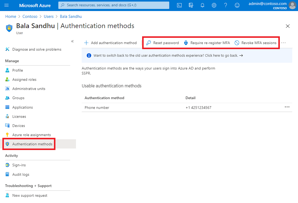 Screenshot of manage authentication methods from the Microsoft Entra admin center.