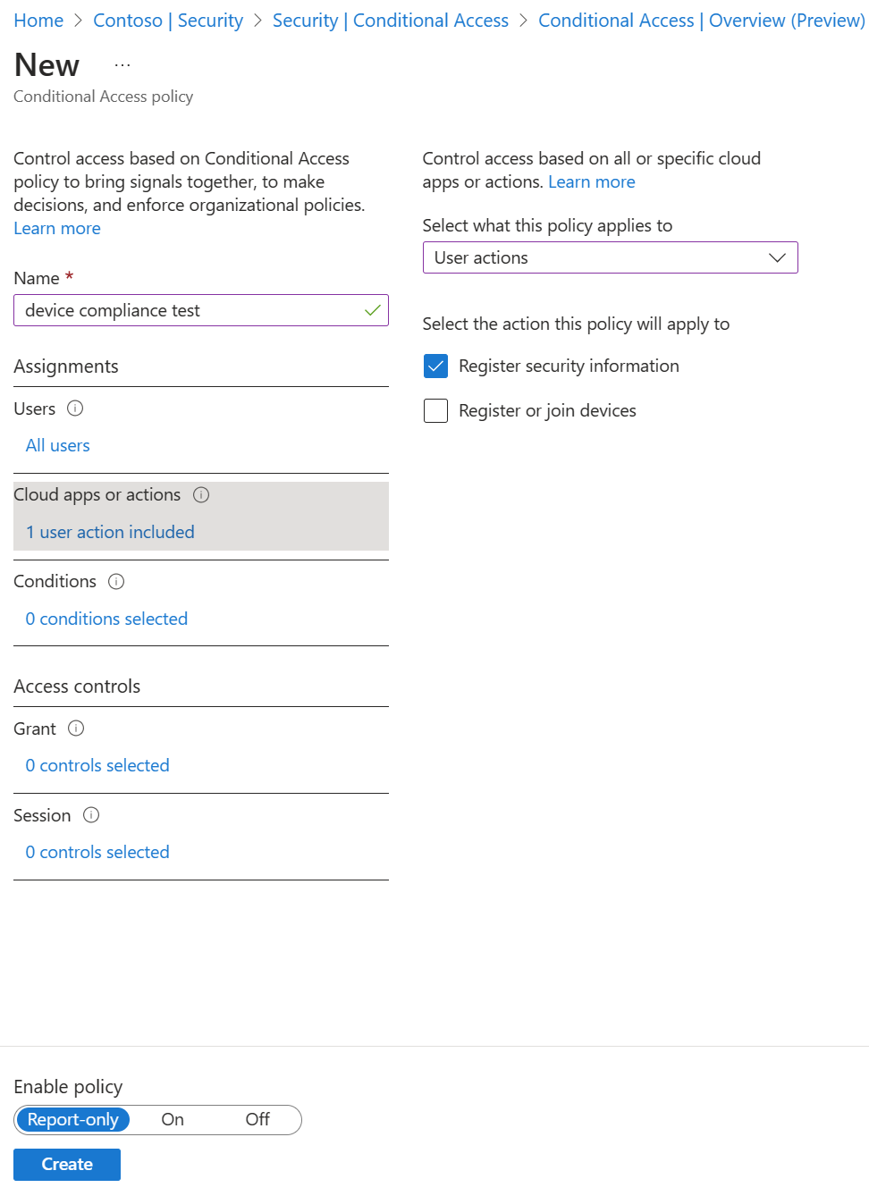 Create a conditional access policy to control security info registration