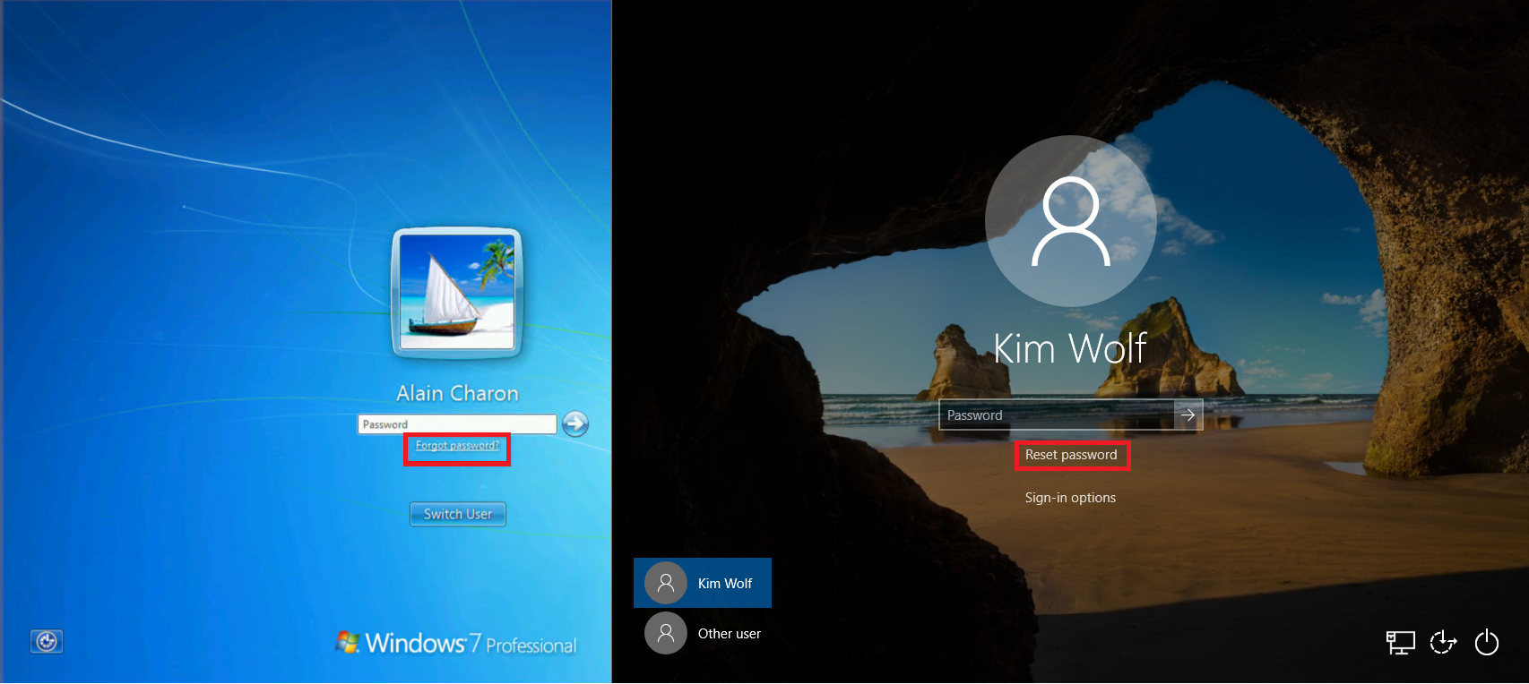 Example Windows 7 and 10 login screens with SSPR link shown
