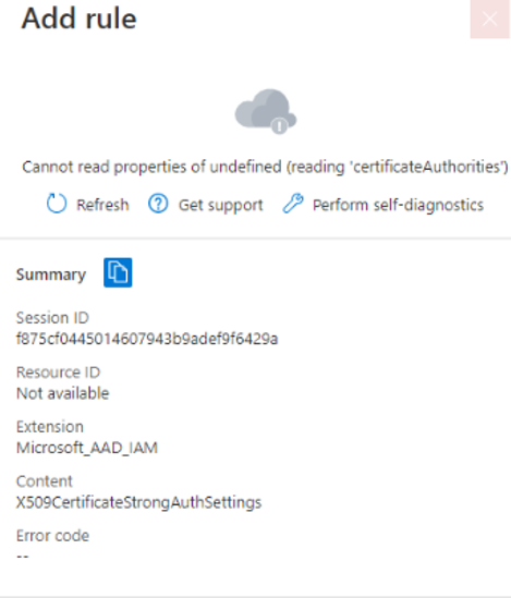 Screenshot of the error message when no Certification Authority is set for Azure Active Directory.