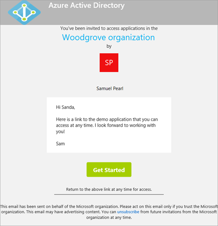 Screenshot showing the B2B invitation email.