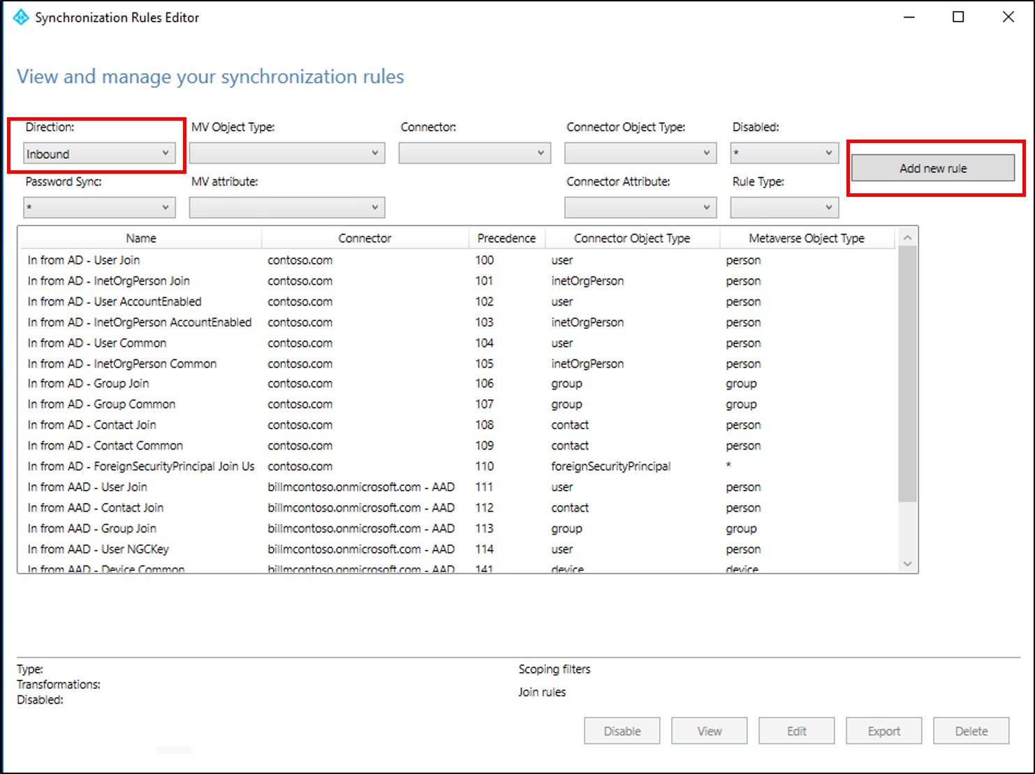 Screenshot that shows the "View and manage your synchronization rules" window with "Inbound" and the "Add new rule" button selected.