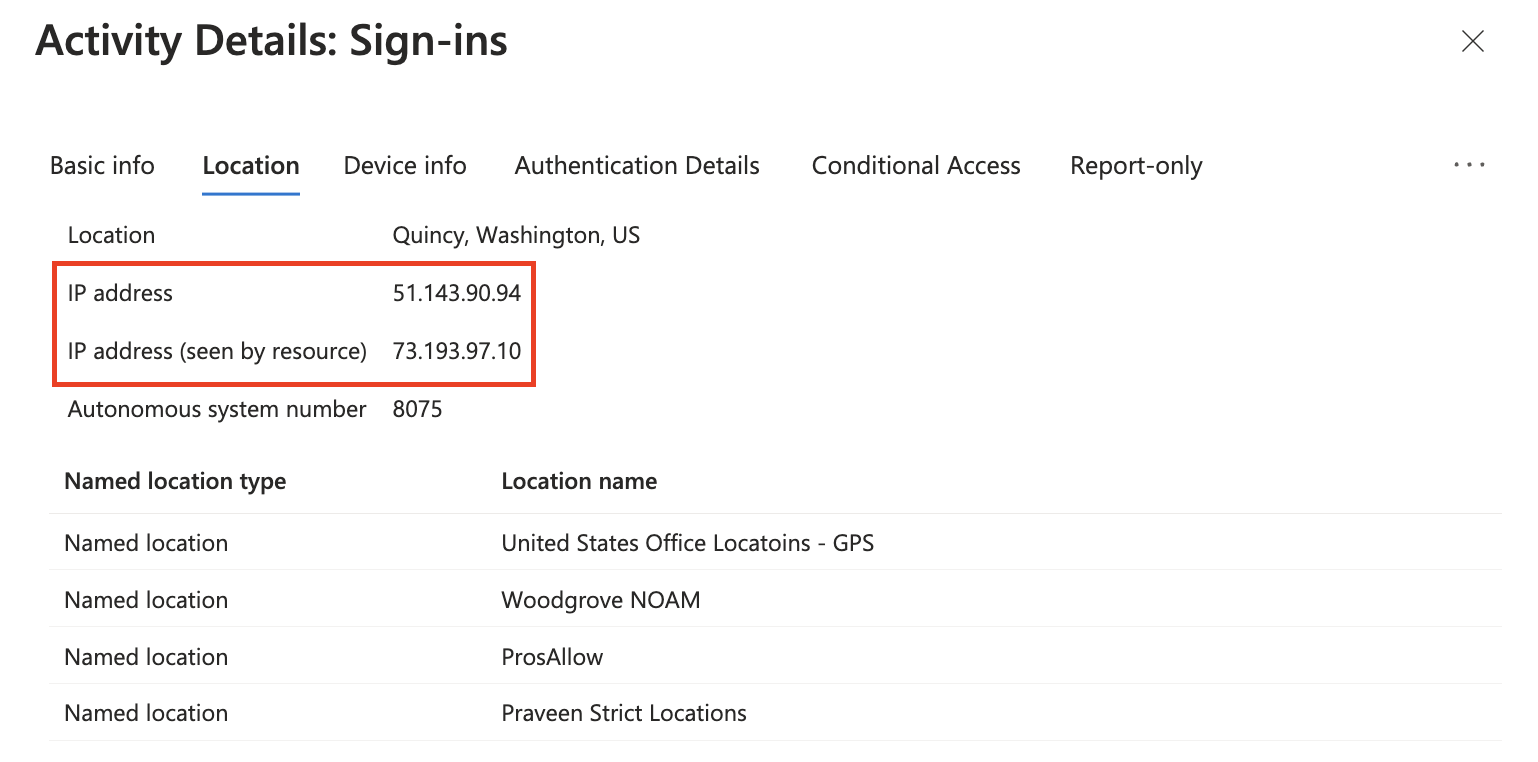 Screenshot of a sign-in log entry with both IP address and IP address seen by resource.