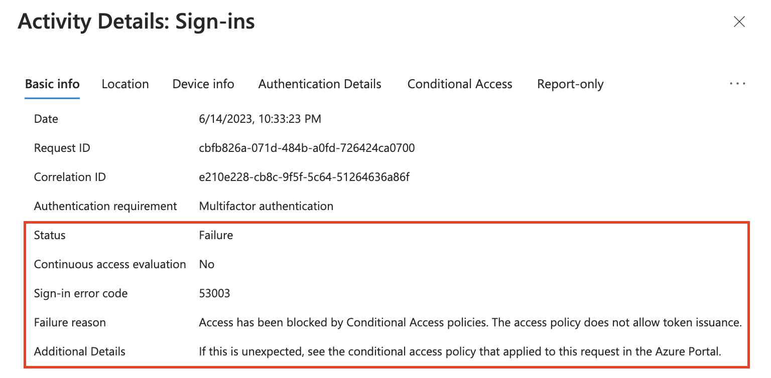 Screenshot showing a failed authentication.