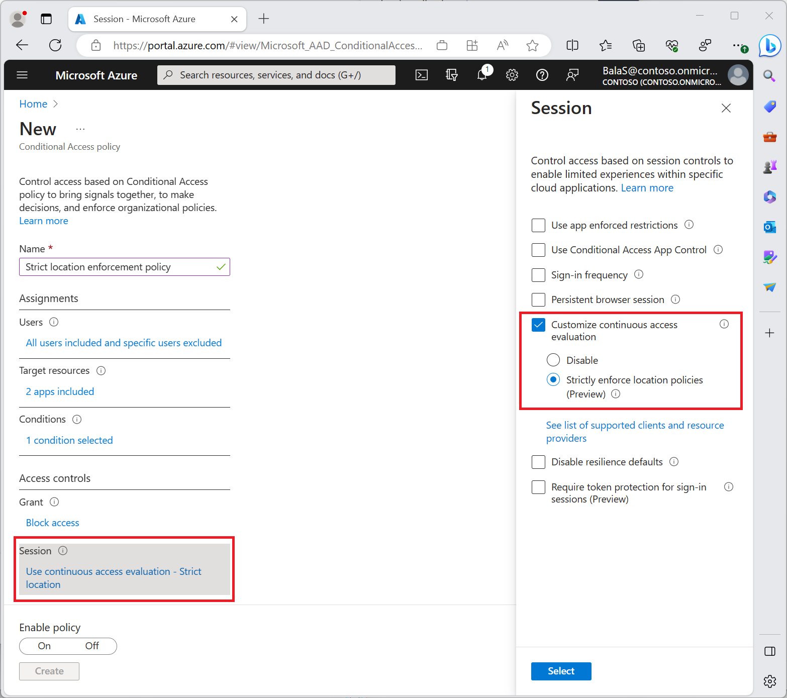 Screenshot showing a Conditional Access policy with "Strictly enforce location policies" enabled.