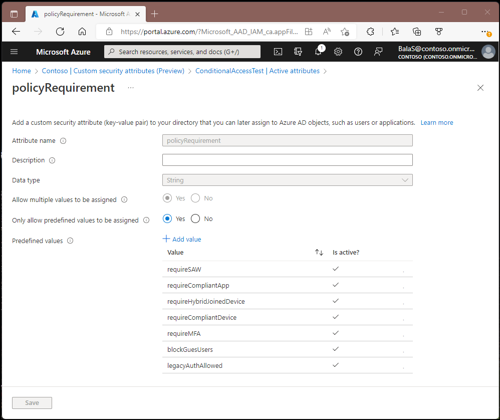 A screenshot showing custom security attribute and predefined values in Azure AD.