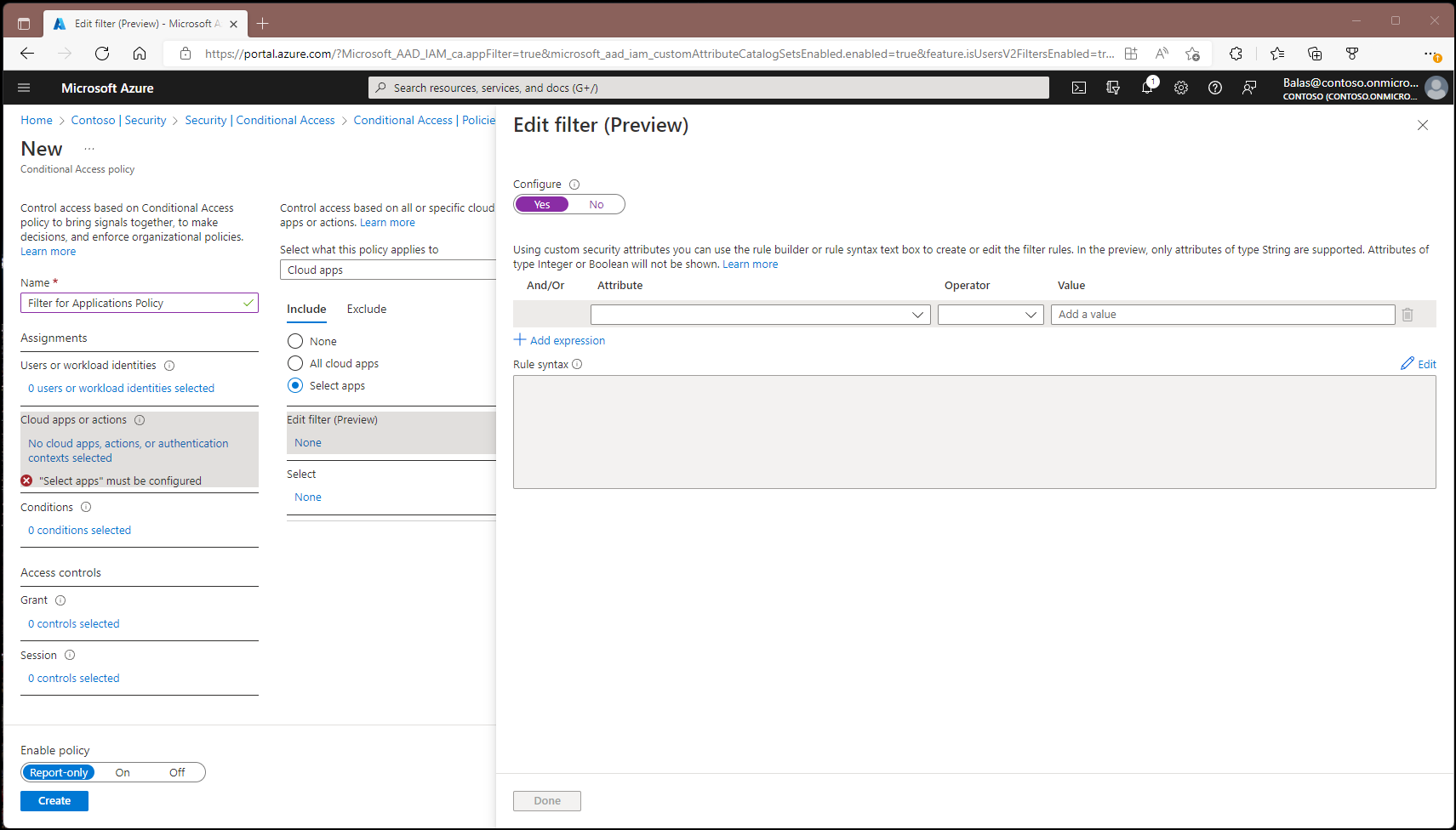 A screenshot showing a Conditional Access policy with the edit filter window showing an attribute of require MFA.