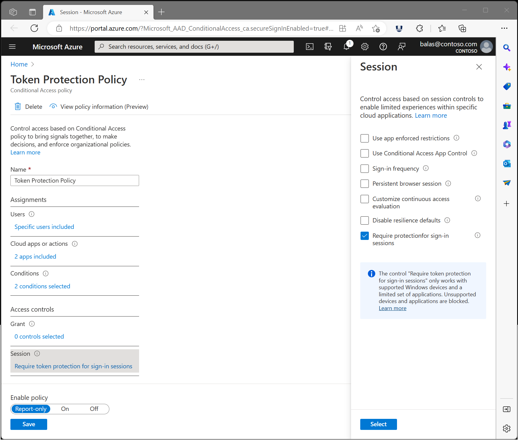 Screenshot showing a Conditional Access policy requiring token protection as the session control