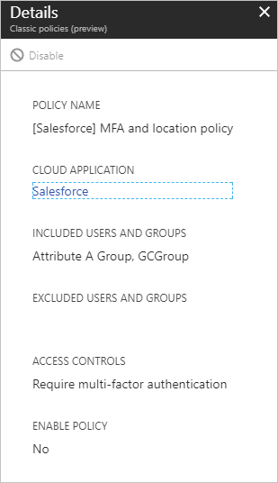 Classic policy details requiring MFA for Salesforce app