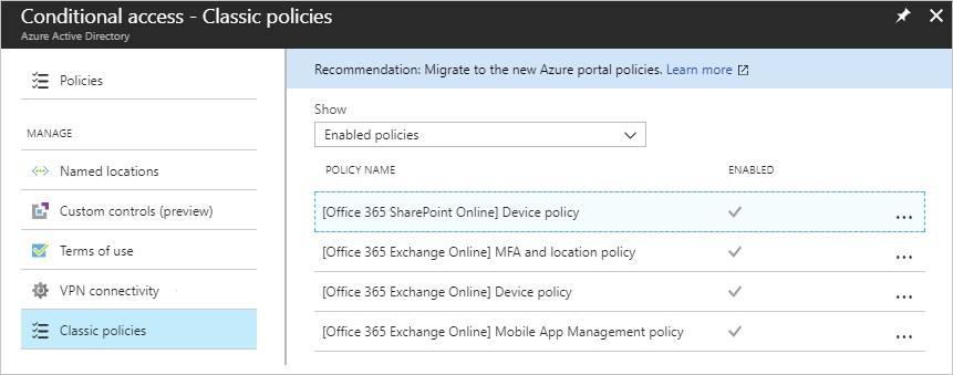 Conditional Access in Azure AD showing classic policies view