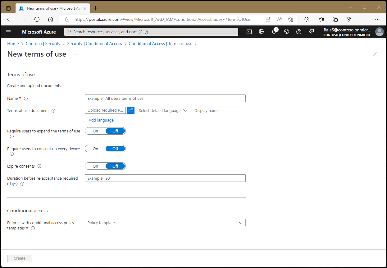 Screenshot that shows creating a new terms of use policy in the Azure portal.
