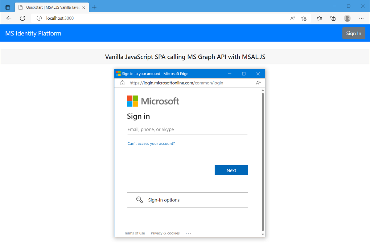 Screenshot that shows the JavaScript SPA account sign-in window.