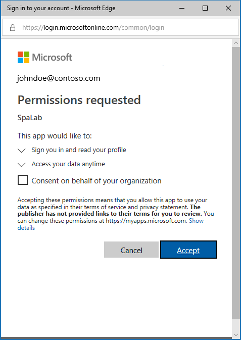 The "Permissions requested" window
