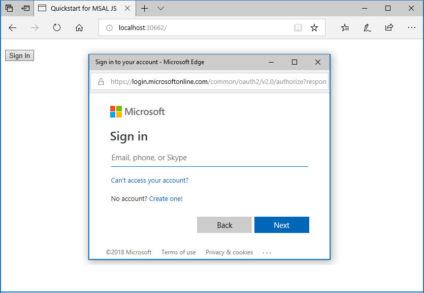 The JavaScript SPA account sign-in window