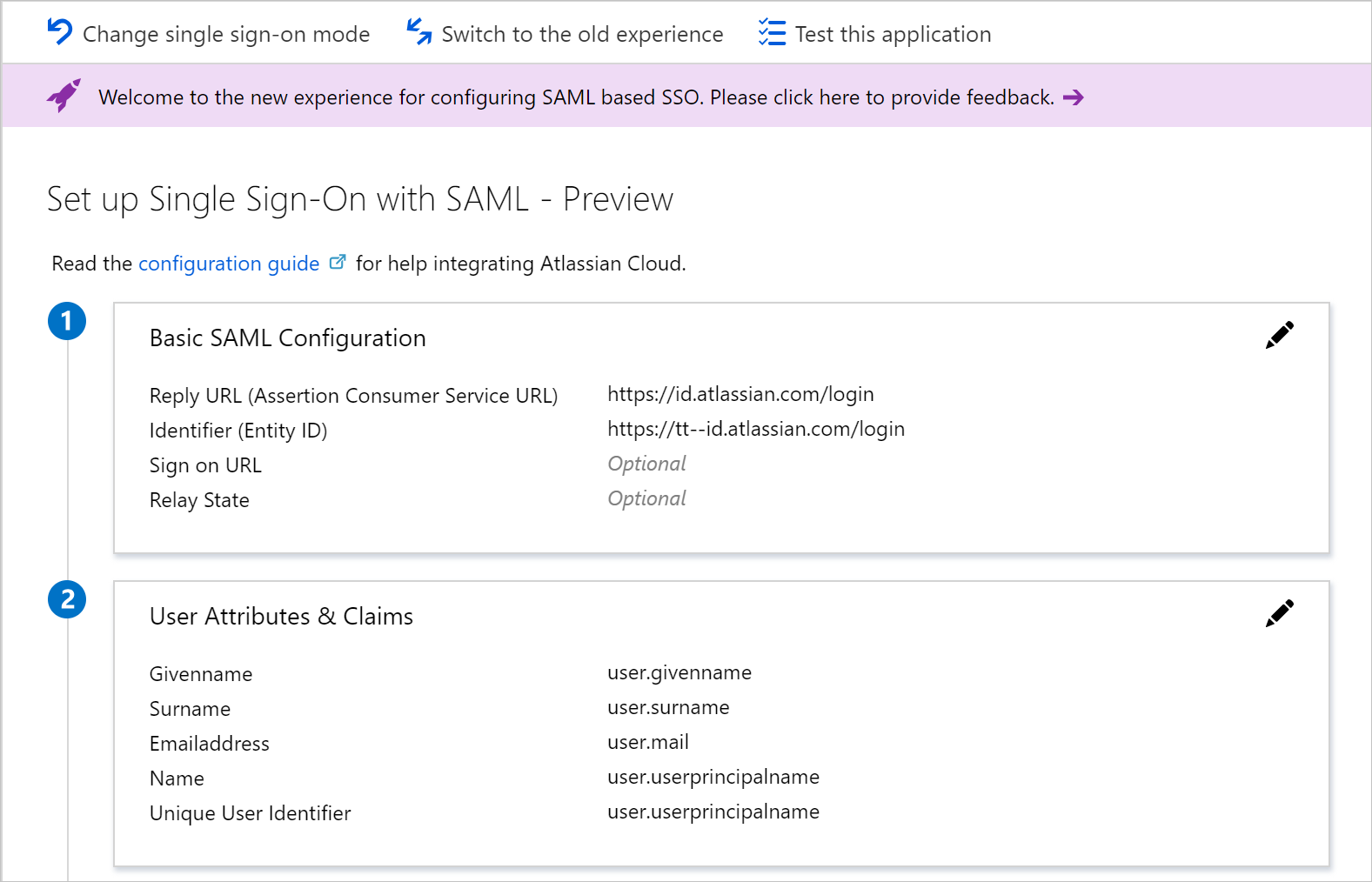 Screenshot of opening the Attributes & Claims section in the Azure portal.