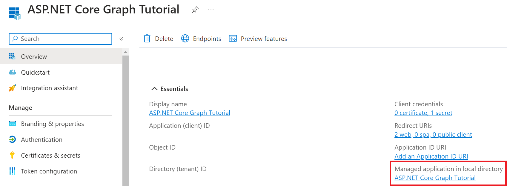 Screen shot that shows the Managed application in local directory option in the overview.