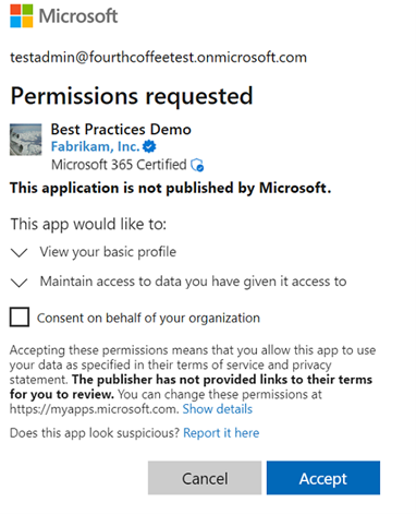 Example screenshot that shows work account consent.
