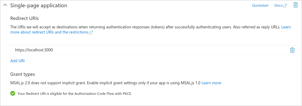 Single-page application tile in app registration in Azure portal