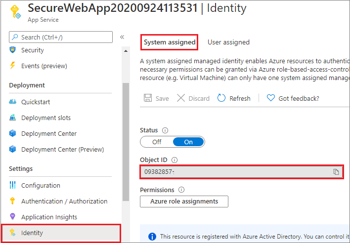 Screenshot that shows the system-assigned identity.