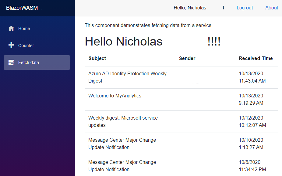 Screenshot of the final app. It has a heading that says Hello Nicholas and it shows a list of emails belonging to Nicholas.