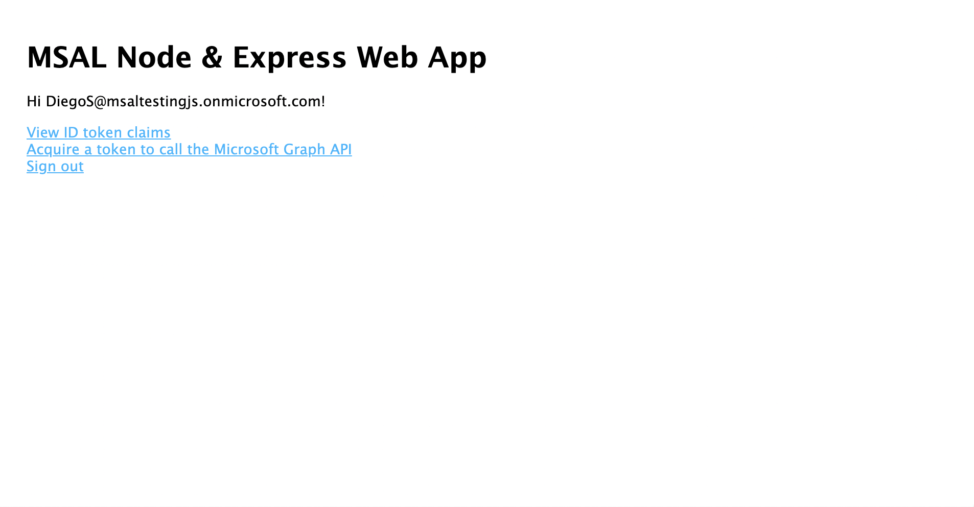 Web app welcome page after sign-in displaying
