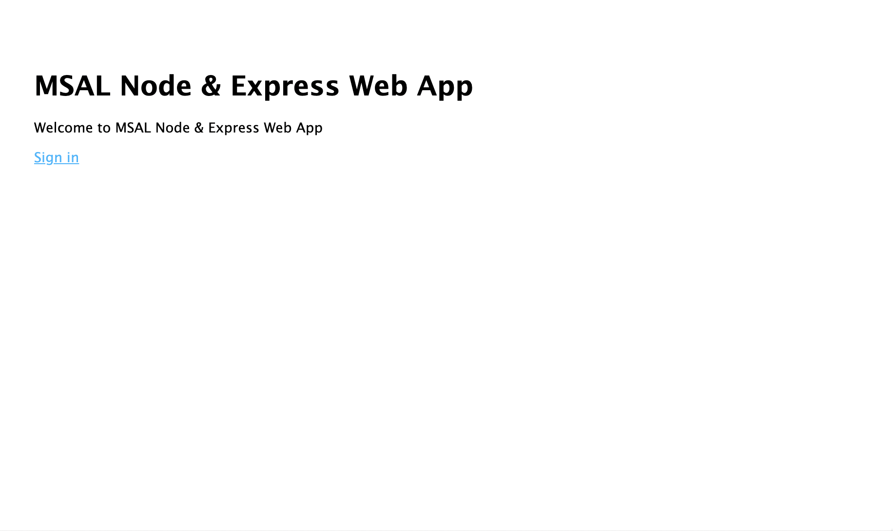 Web app welcome page displaying