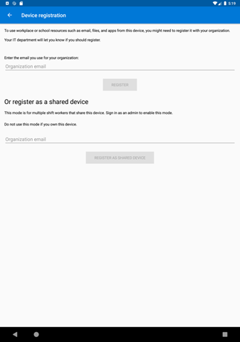 Device registration screen in app