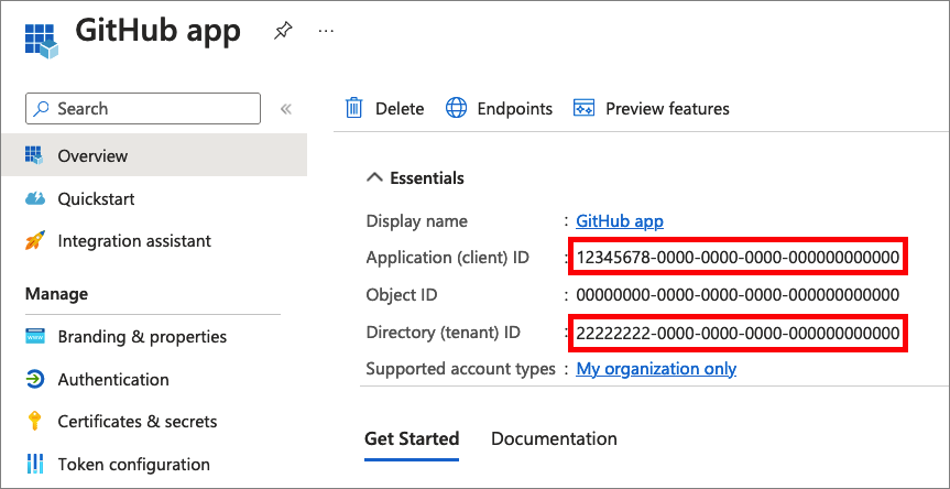 Screenshot that demonstrates how to copy the application ID and tenant ID from Microsoft Entra portal.